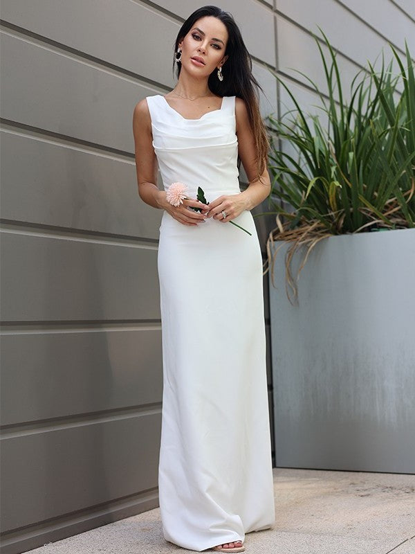 Sleeveless Straps Sheath/Column Stretch Crepe Ruched Floor-Length Wedding Dresses