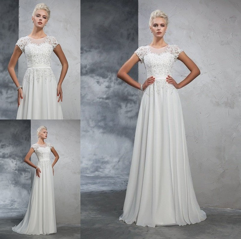 Short Neck Long Sheer A-Line/Princess Applique Sleeves Chiffon Wedding Dresses