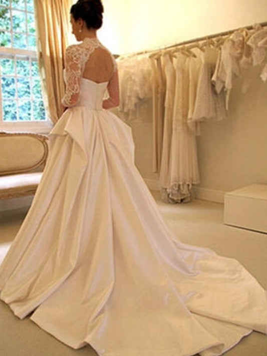 Gown High Satin Lace Neck Sleeves Chapel Ball Long Train Wedding Dresses