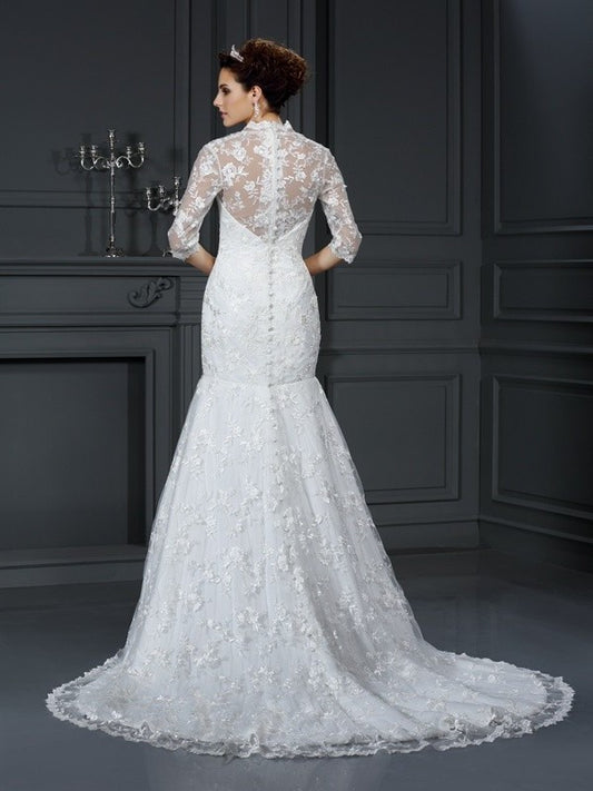 V-neck Sleeves 1/2 Trumpet/Mermaid Lace Long Lace Wedding Dresses