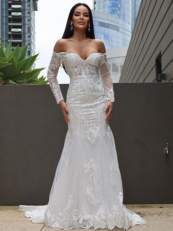 Trumpet/Mermaid Sweep/Brush Applique Tulle Long Off-the-Shoulder Sleeves Train Wedding Dresses