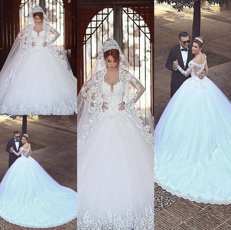 Ball Long Off-the-Shoulder Gown Tulle Sleeves Court Train Wedding Dresses