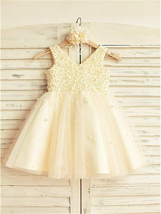 Tea-Length A-line/Princess Sleeveless Tulle Pearls V-neck Flower Girl Dresses