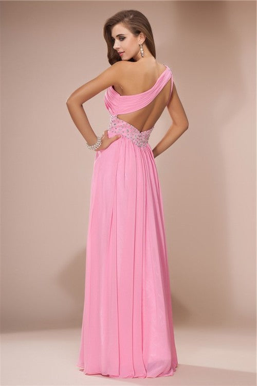 Long Shoulder One Sheath/Column Beading Sleeveless Chiffon Dresses