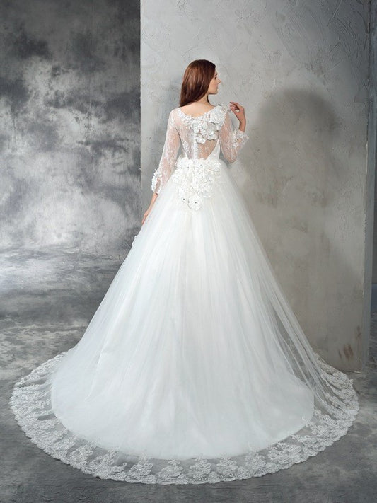 Ball Sheer Long Sleeves Gown Hand-Made Long Neck Flower Net Wedding Dresses