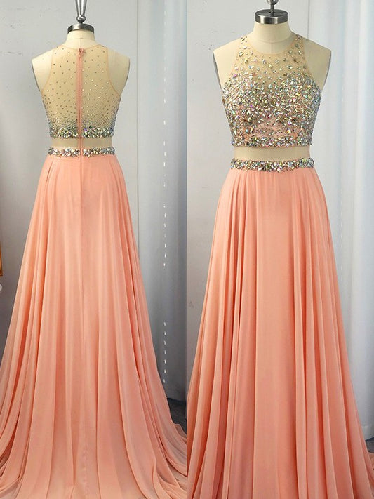 Sleeveless Chiffon A-Line/Princess Beading Scoop Sweep/Brush Train Dresses