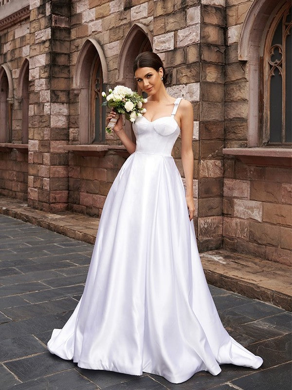 Straps Sweep/Brush Sleeveless Ruffles Satin A-Line/Princess Train Wedding Dresses