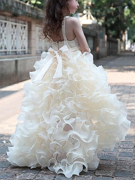 Ruffles Sleeveless Organza Asymmetrical V-neck A-line/Princess Flower Girl Dresses