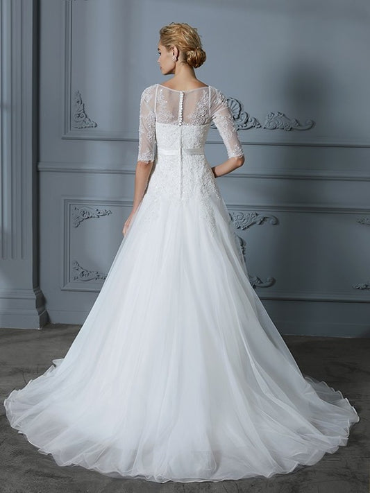 Sleeves 1/2 Court Train Lace A-Line/Princess Scoop Tulle Wedding Dresses