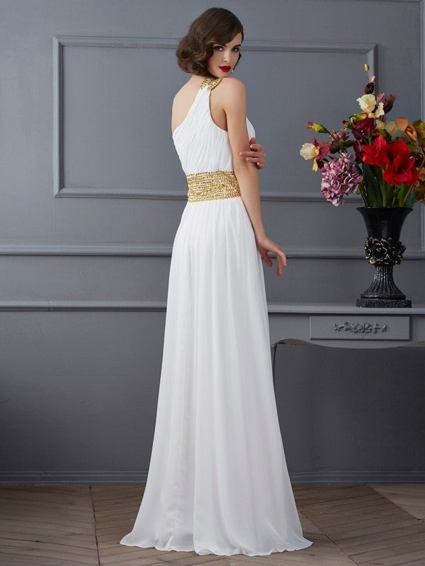 One-Shoulder Sleeveless A-Line/Princess Ruched Long Chiffon Dresses