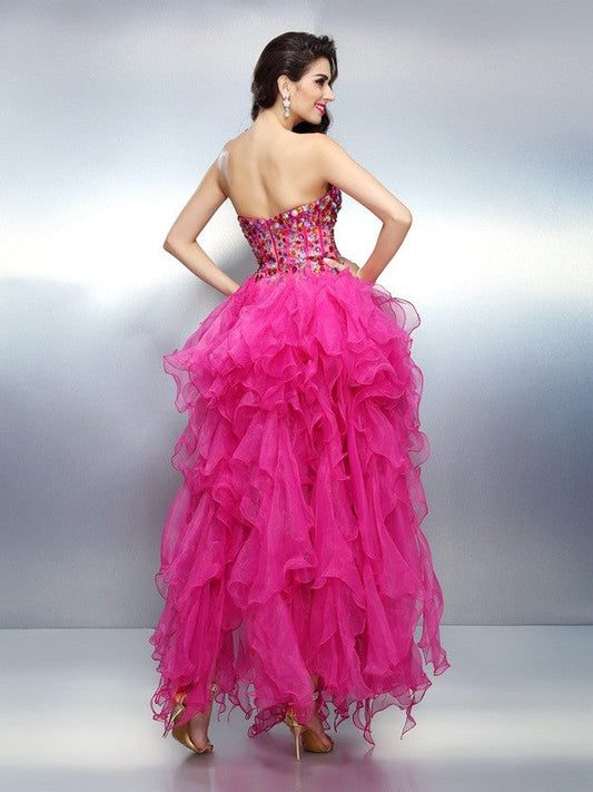 A-Line/Princess Sweetheart Rhinestone Sleeveless High Low Organza Cocktail Maeve Homecoming Dresses Dresses