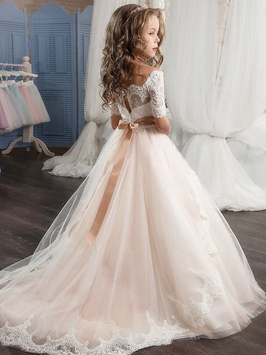 Sash/Ribbon/Belt Off-the-Shoulder Short Gown Sleeves Ball Tulle Flower Girl Dresses