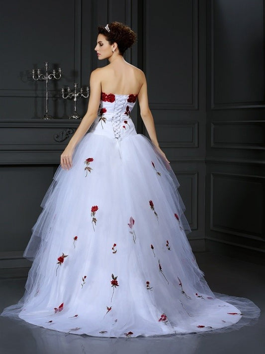 Hand-Made Strapless Long Ball Flower Sleeveless Gown Tulle Wedding Dresses