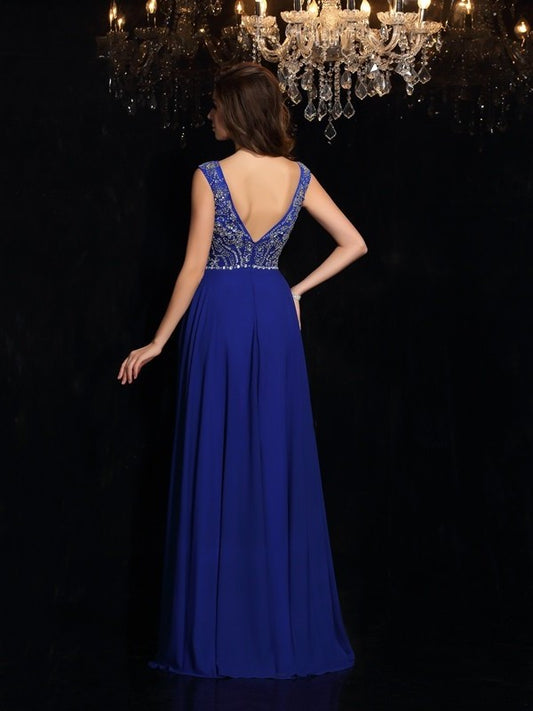 Sleeveless Scoop A-Line/Princess Beading Long Chiffon Dresses