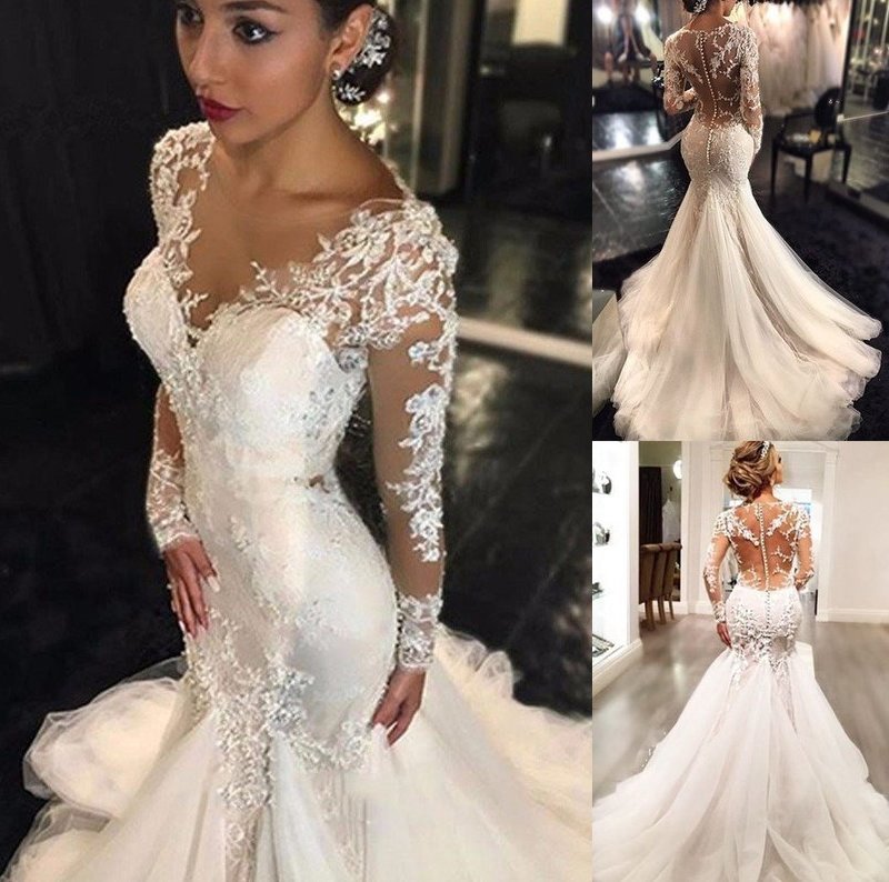 V-neck Lace Sleeves Long Trumpet/Mermaid Train Court Tulle Wedding Dresses