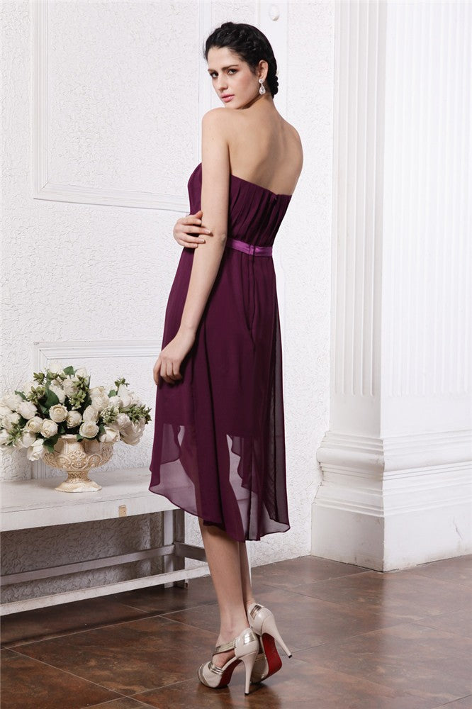 Homecoming Dresses Sheath/Column Strapless Sleeveless Sash Pleats High Low Chelsea Chiffon Cocktail Dresses