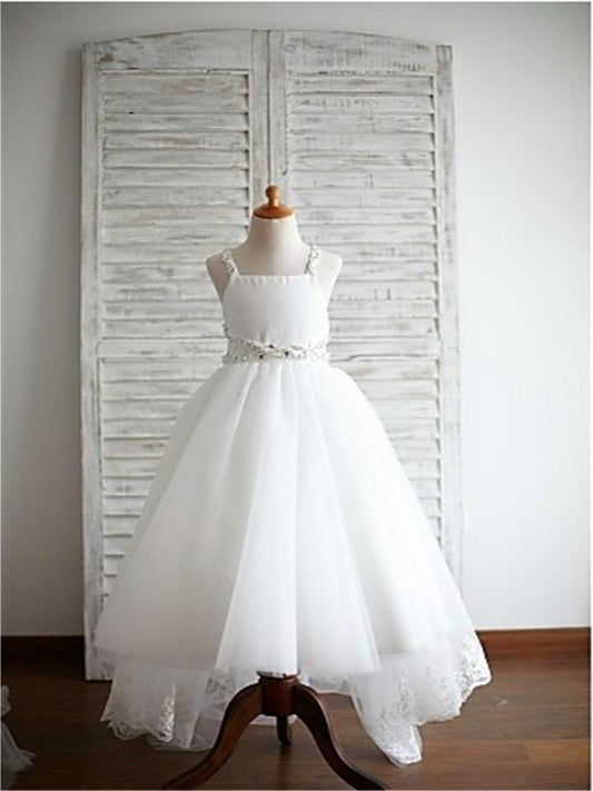 Beading Sweep/Brush Spaghetti Tulle A-line/Princess Sleeveless Straps Train Flower Girl Dresses