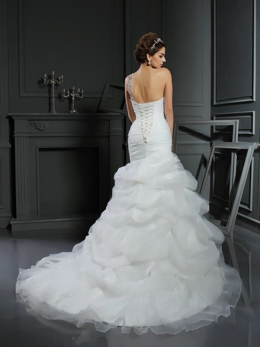 Trumpet/Mermaid Sleeveless Ruffles Sweetheart Long Satin Wedding Dresses