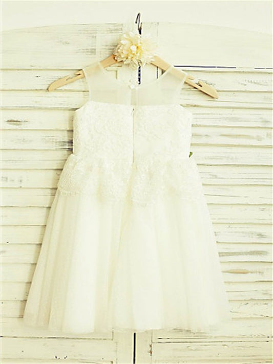 Tulle Hand-made Tea-Length A-line/Princess Straps Flower Sleeveless Flower Girl Dresses