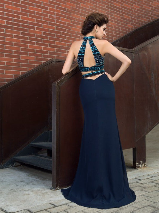 Neck Beading Sheath/Column High Chiffon Sleeveless Long Two Piece Dresses