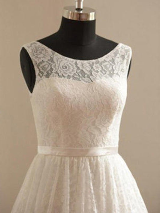 Sleeveless Lace Scoop Sash/Ribbon/Belt A-Line/Princess Knee-Length Wedding Dresses