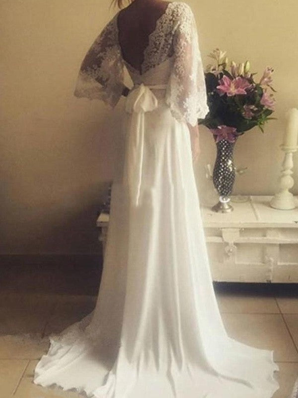 Train Long Sash/Ribbon/Belt V-neck Court Sleeves A-Line/Princess Lace Wedding Dresses