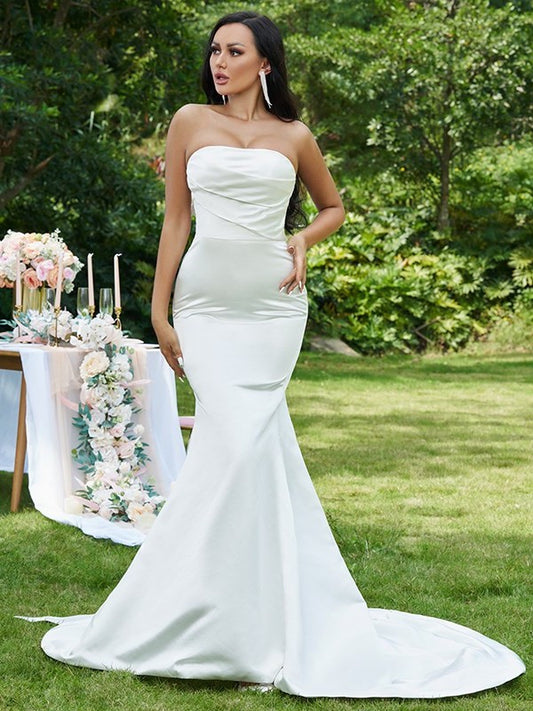 Trumpet/Mermaid Satin Strapless Ruched Sleeveless Sweep/Brush Train Wedding Dresses