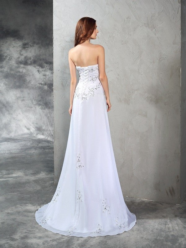 Sheath/Column Strapless Long Beading Sleeveless Chiffon Wedding Dresses