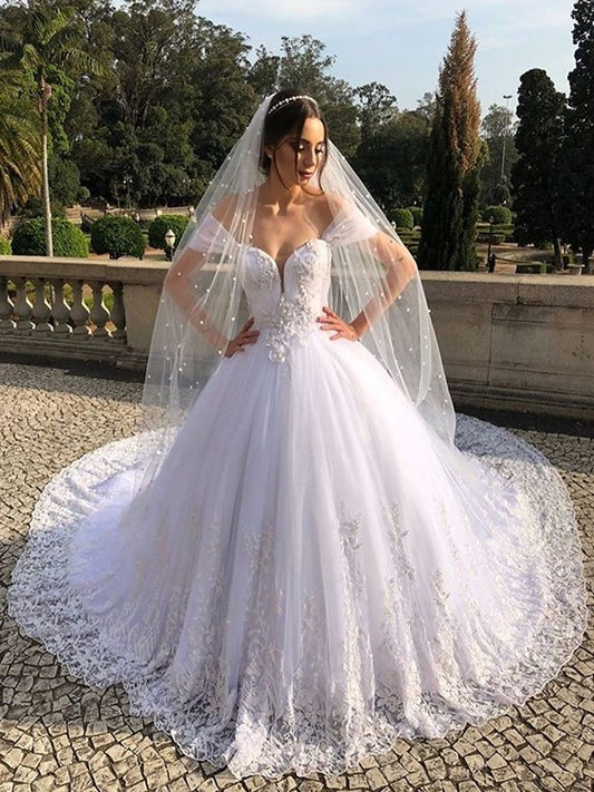 Gown Tulle Ball Off-the-Shoulder Court Applique Sleeveless Train Wedding Dresses