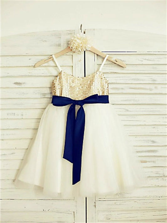 Tulle Sleeveless Straps A-line/Princess Sequin Spaghetti Ankle-Length Flower Girl Dresses