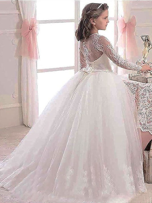 Sleeves Floor-Length Ball Long Tulle Lace Gown Scoop Flower Girl Dresses