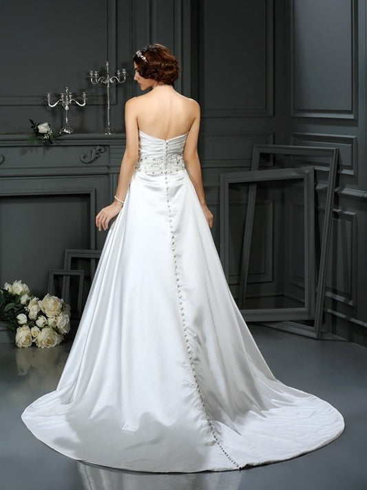 Strapless Long Sleeveless A-Line/Princess Beading Satin Wedding Dresses