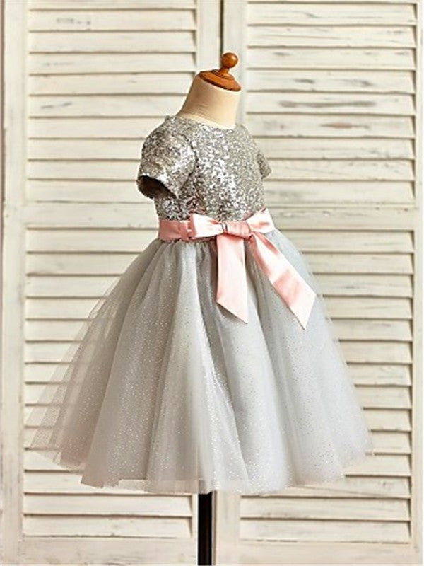 Sleeves Tulle Tea-Length Sequin A-line/Princess Scoop Short Flower Girl Dresses