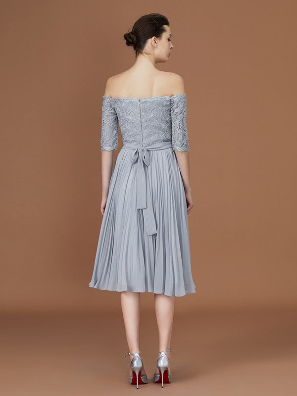 Off-the-Shoulder Short A-Line/Princess Sleeves Lace Tea-Length Chiffon Bridesmaid Dress