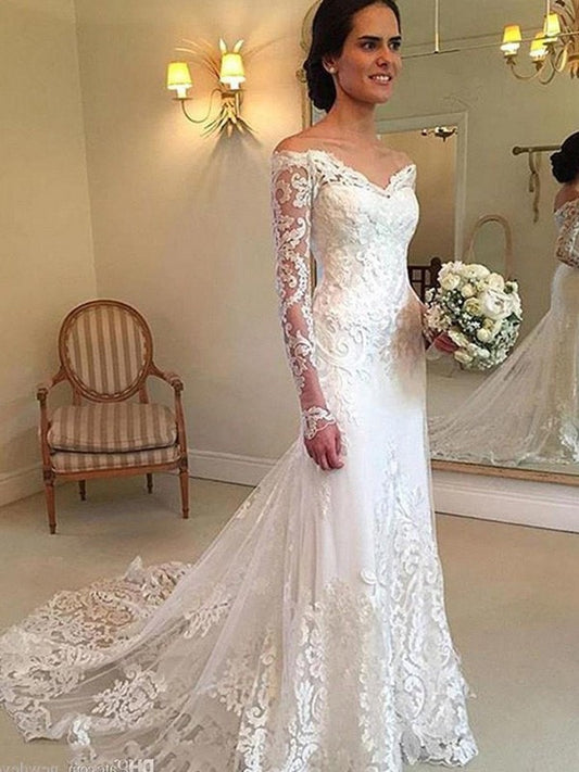 Long Trumpet/Mermaid Court Applique Off-the-Shoulder Sleeves Train Lace Wedding Dresses