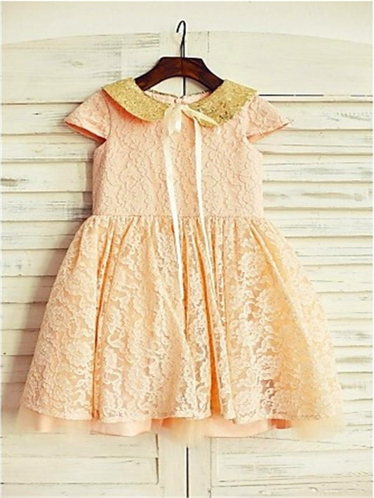 Tea-Length Sleeves Scoop Short Sequin Lace A-line/Princess Flower Girl Dresses