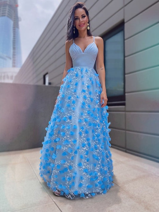 A-Line/Princess V-neck Applique Tulle Floor-Length Sleeveless Dresses