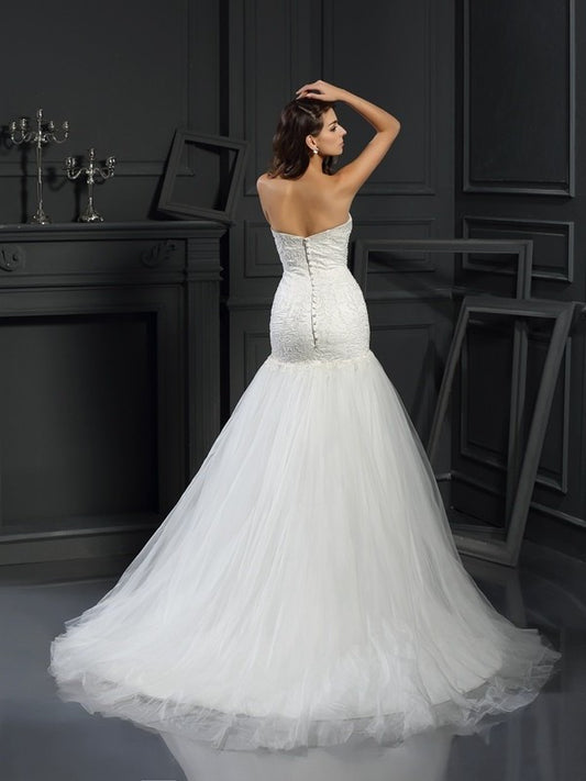 Sleeveless Trumpet/Mermaid Sweetheart Applique Long Tulle Wedding Dresses