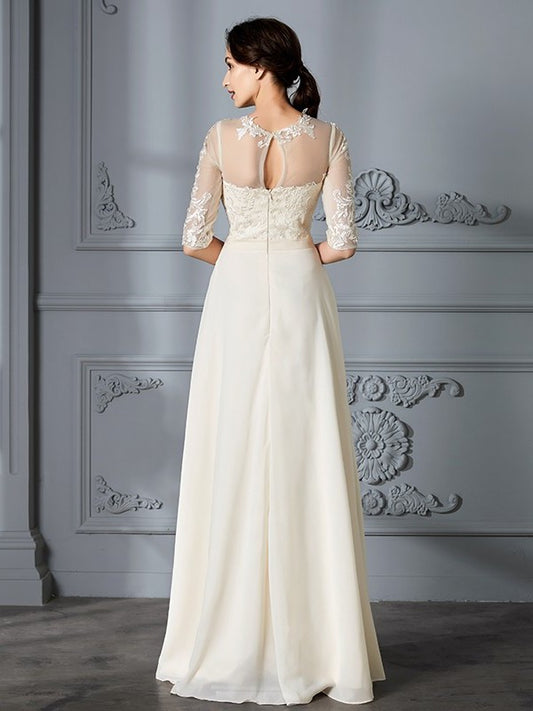 Sleeves A-Line/Princess Scoop Floor-Length 1/2 Chiffon Wedding Dresses