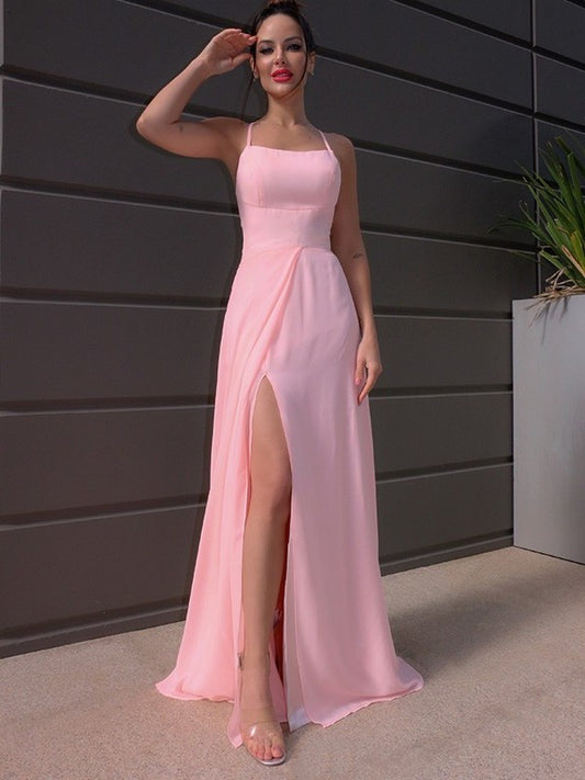 Halter A-Line/Princess Sleeveless Floor-Length Chiffon Ruffles Dresses