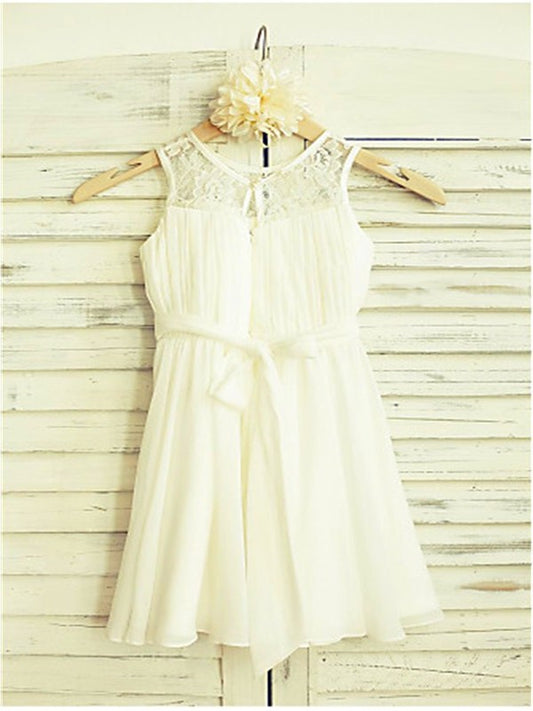 Sleeveless Chiffon A-line/Princess Hand-made Scoop Tea-Length Flower Flower Girl Dresses