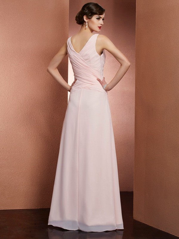 Pleats A-Line/Princess Sleeveless V-neck Long Chiffon Dresses