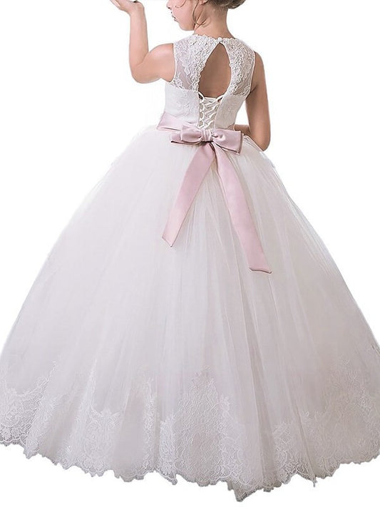 Ball Sleeveless Gown Scoop Tulle Floor-Length Sash/Ribbon/Belt Flower Girl Dresses