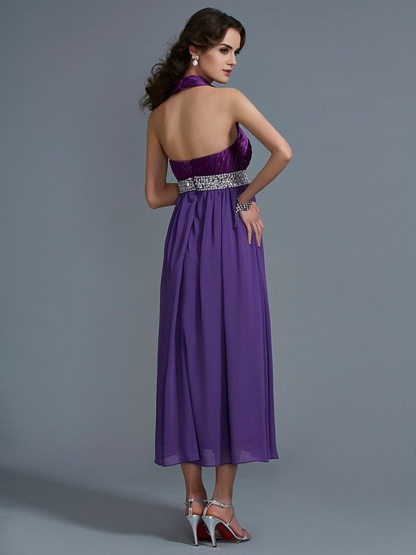 A-Line/Princess Halter Beading Long Sleeveless Chiffon Bridesmaid Dresses