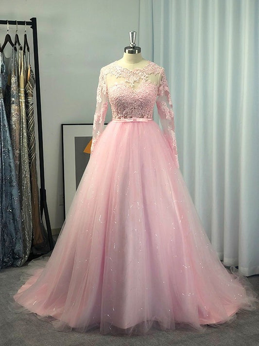 Ball Long Gown Jewel Lace Tulle Sleeves Sweep/Brush Train Dresses