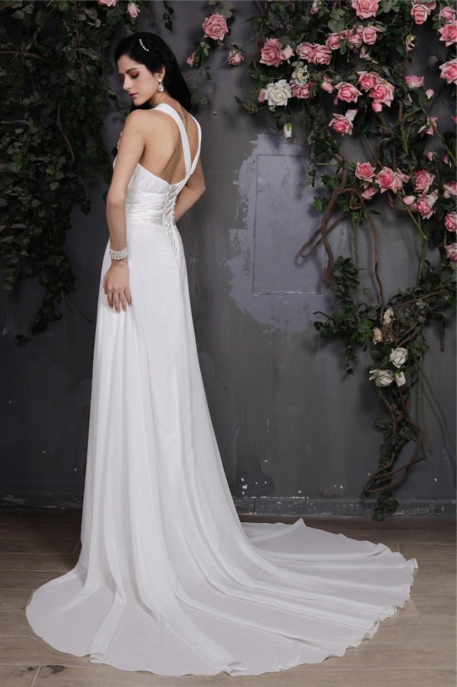 Flower Long Halter Sleeveless Hand-Made Sheath/Column Pleats Chiffon Wedding Dresses