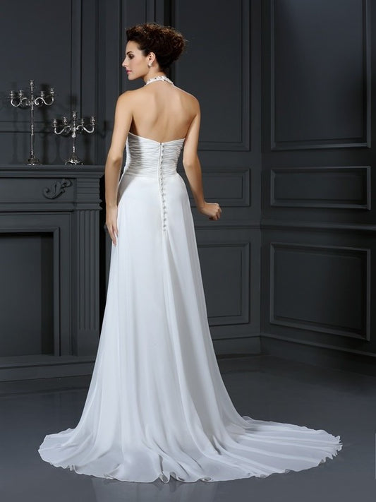 Halter Beading Long A-Line/Princess Sleeveless Chiffon Wedding Dresses