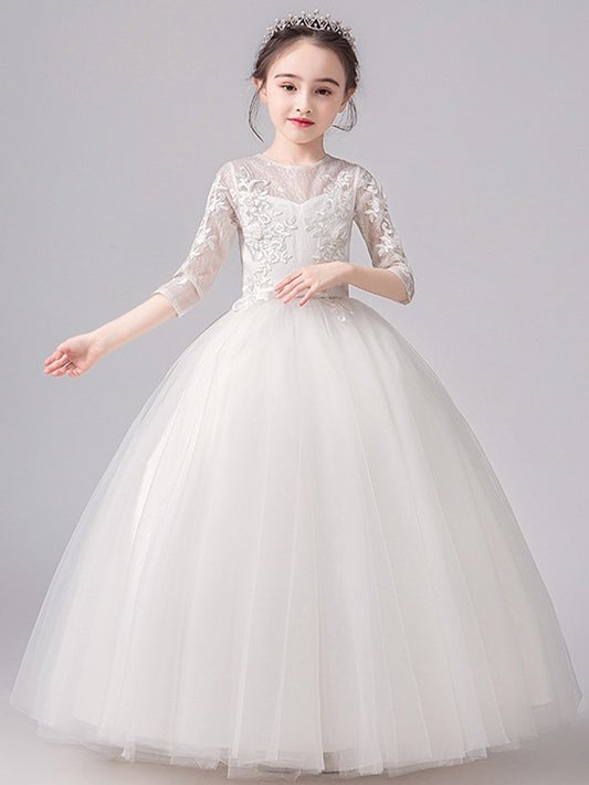 Scoop A-Line/Princess Sleeves Bowknot Lace Floor-Length 3/4 Flower Girl Dresses