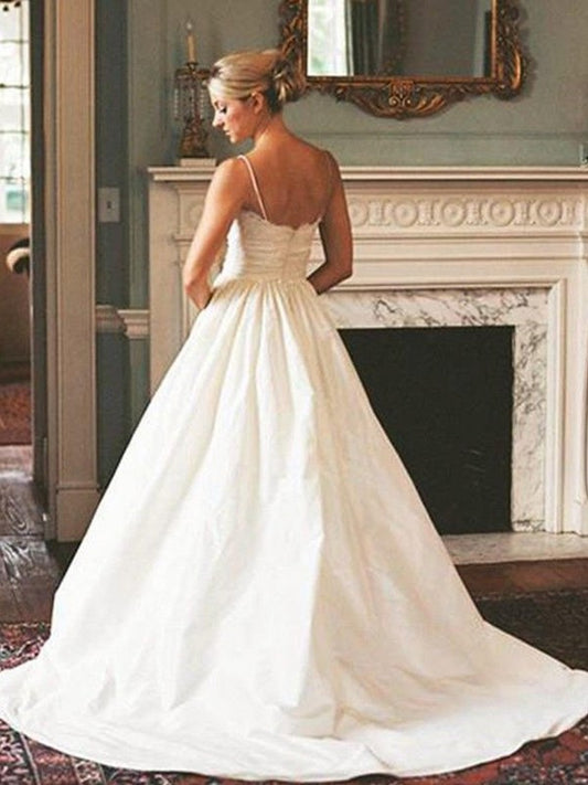 V-neck Ruched Sweep/Brush Sleeveless A-Line/Princess Satin Train Wedding Dresses