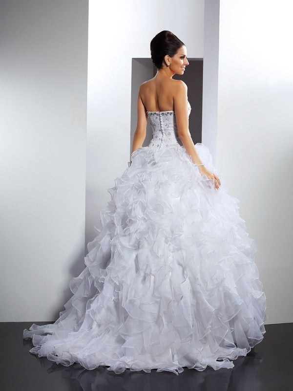 Sleeveless Gown Ball Sweetheart Ruffles Long Satin Wedding Dresses